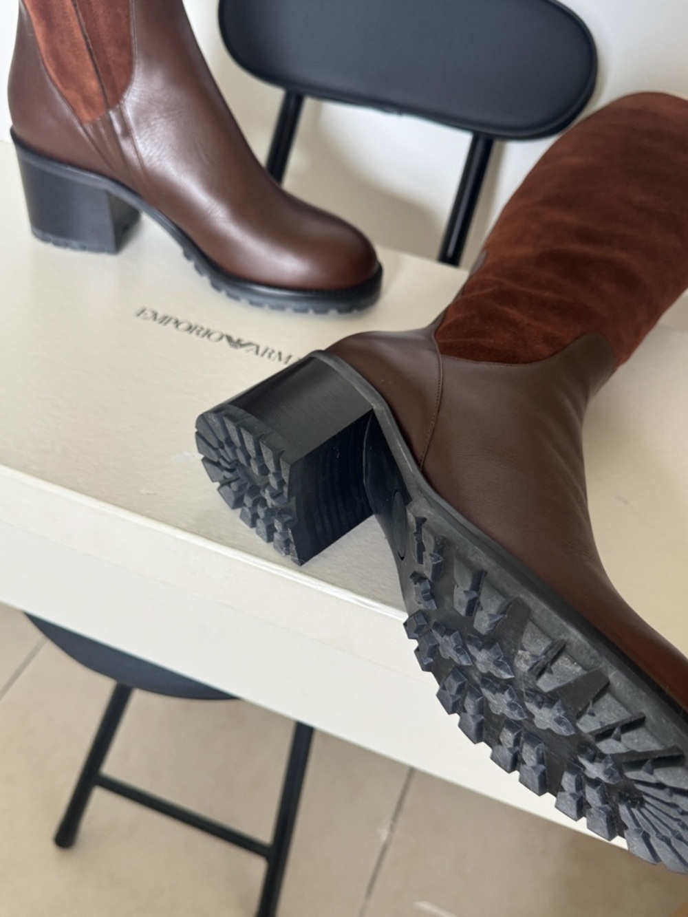 Emporio Armani Brown Leather & Suede Over-the-Knee Block Heel Boots
